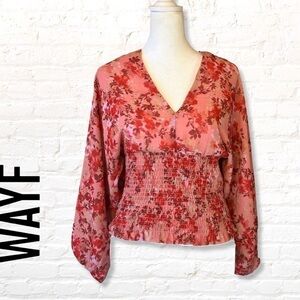 WAYF Floral Smocked Waist Blouson Sleeves Boho Blouse Size Small Pink V-Neck